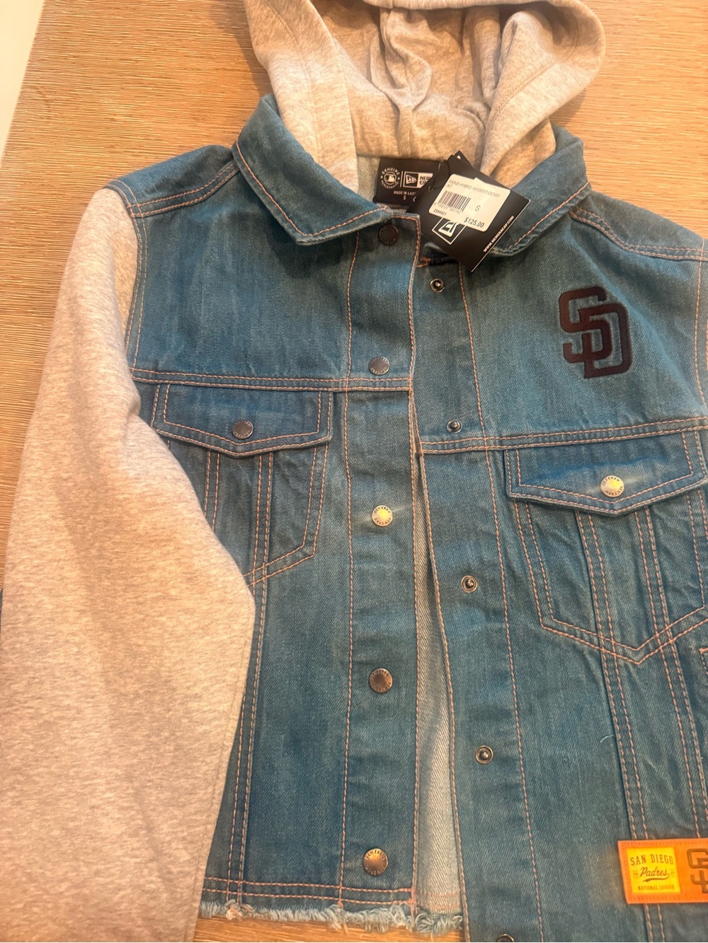 NWT 2016 Denim Jacket with Grey Hoodie Sleeves - San Diego Padres